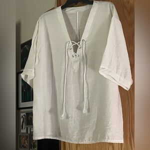 $54 Unbranded cream coverup top, lightweight, semi-sheer, V neck with tie L / XL